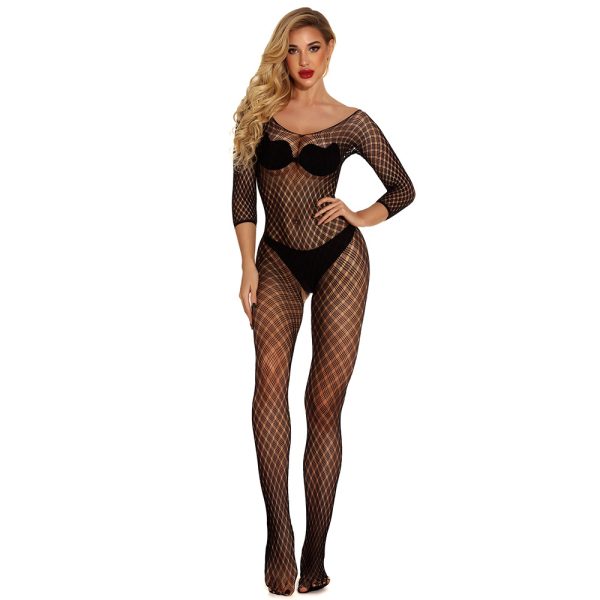 New sexy underwear women's jacquard sexy one-piece mesh long sleeve small square w265 - Image 4