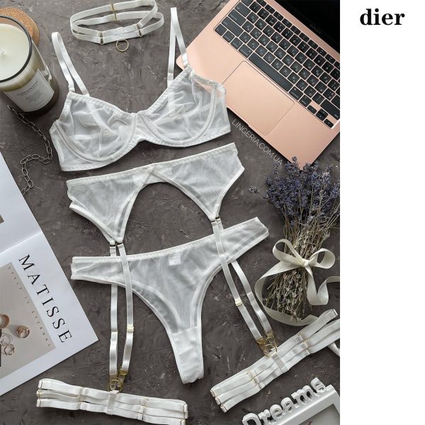 Europe, America and   New Women's Fashion Sexy Underwear Sexy Mesh Gathering with Steel Ring Four-piece Set - Image 8