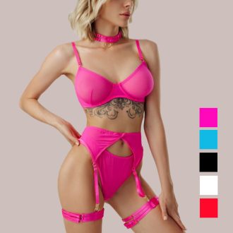 Europe, America and   New Women's Fashion Sexy Underwear Sexy Mesh Gathering with Steel Ring Four-piece Set