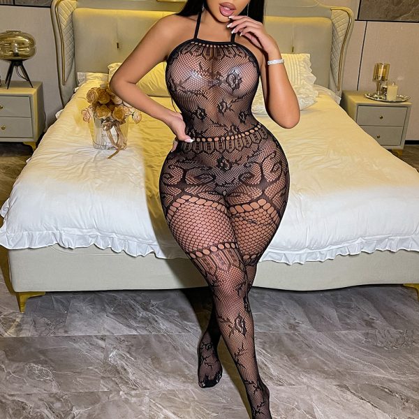 Sexy and Alluring Lingerie in Burgundy with Hollow-Out Straps, European and American Style, Mesh Open-Crotch Bodysuit W837 - Image 6