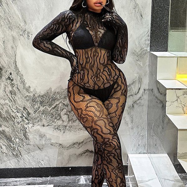 Europe and the United States quality sexy one-body stockings jacquard sexy hollow long sleeve mesh jumpsuit K310 - Image 2