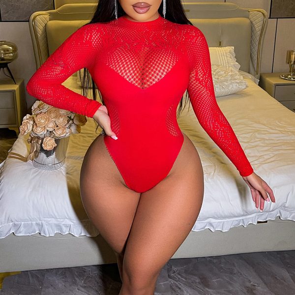 Long-Sleeved Bikini Sexy Backless Burgundy Sexy Intimates European and American Export Fake See-Through One-Piece Cut Out Mesh W839 - Image 9