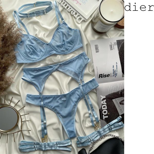Europe, America and   New Women's Fashion Sexy Underwear Sexy Mesh Gathering with Steel Ring Four-piece Set - Image 9