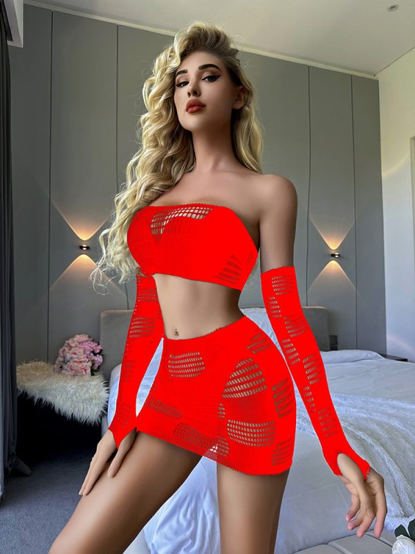 Sexy Underwear Women's European and American Style Sexy Long-Sleeved Hollow Bag Skirt Dew Mesh Clothes Jacquard Perspective w642 - Image 9