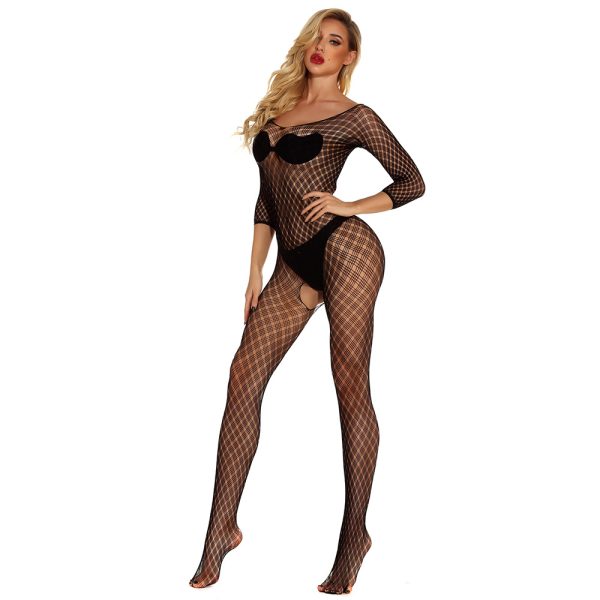 New sexy underwear women's jacquard sexy one-piece mesh long sleeve small square w265 - Image 6