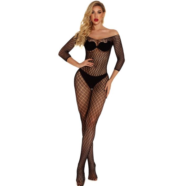 New sexy underwear women's jacquard sexy one-piece mesh long sleeve small square w265 - Image 2