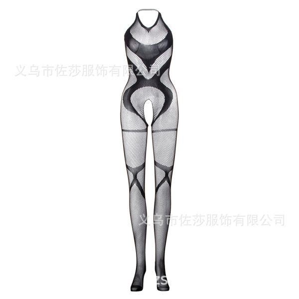 European and American sexy stockings lace perspective jacquard net stockings hanging neck lace leak back conjoined stockings net stockings w634 - Image 6