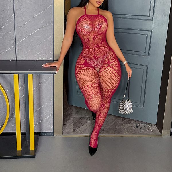 Sexy and Alluring Lingerie in Burgundy with Hollow-Out Straps, European and American Style, Mesh Open-Crotch Bodysuit W837 - Image 5