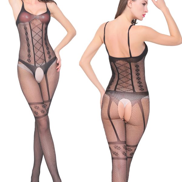 European and American Sexy Underwear Sexy Strap Mesh One-piece Silk Stockings Hollow Open Tight Jacquard Black Large Size