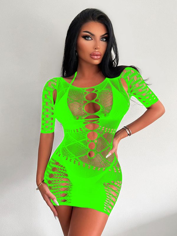 Jacquard Mesh Lingerie Set: Long Sleeve Bodysuit, Stockings & Hip Skirt - Image 11