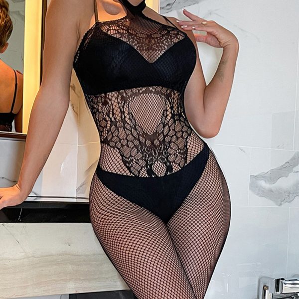 Sexy Halter Backless Lingerie: Transparent Mesh Bodysuit Stockings