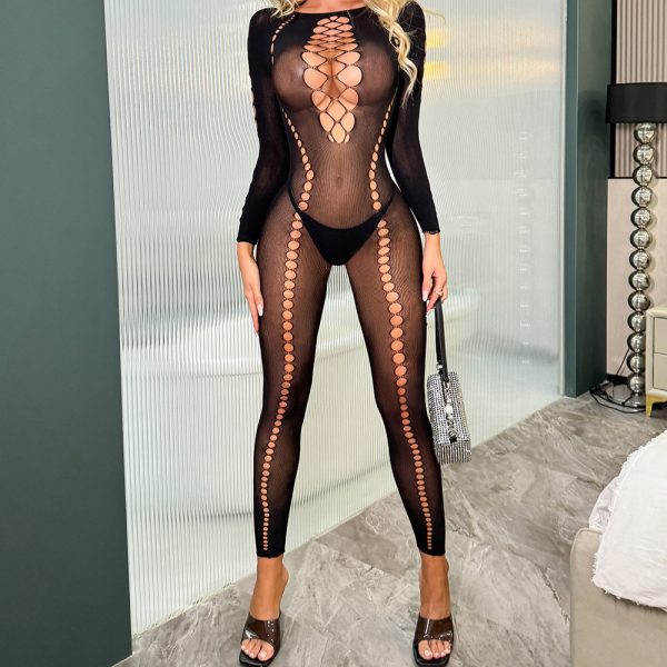 Long-sleeved sexy underwear European and American mesh clothing sexual hole mesh jumpsuit pajamas wrap hip skirt mesh clothing K038 - Image 2