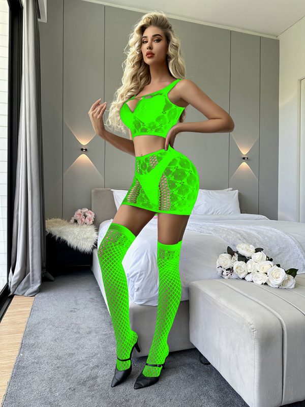 Sexy lingerie sexy mesh hip skirt open-end free one-piece tube top hollow-out perspective suit w632 - Image 11