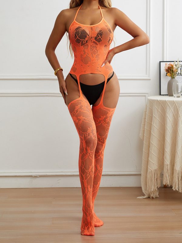 Europe and the United States sexy lingerie hanging neck jacquard jumpsuit open crotch pantyhose stockings suspenders perspective w807 - Image 14