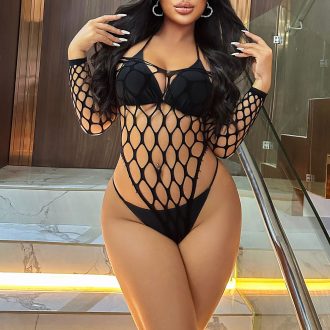 European and American Sexy Underwear Sexy Pajamas Long Sleeve Mesh Hollow Mesh Garter Strap Fishing Net Perspective Bikini E002