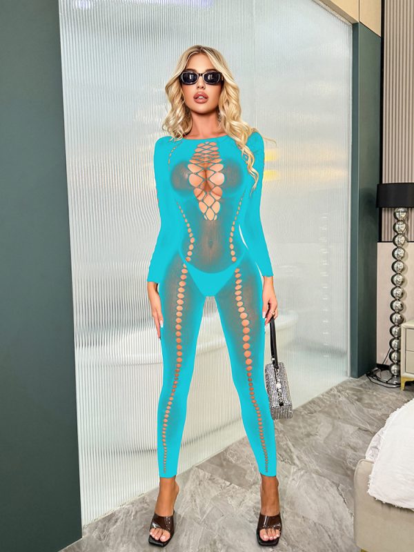 Long-sleeved sexy underwear European and American mesh clothing sexual hole mesh jumpsuit pajamas wrap hip skirt mesh clothing K038 - Image 12