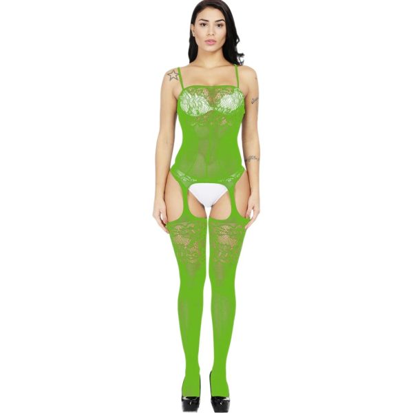 European and American Sexy Lingerie Women's Hollow Silk Stockings Tight-Fit Mesh Clothes Siamese Hollow Adjustable Shoulder Strap w038