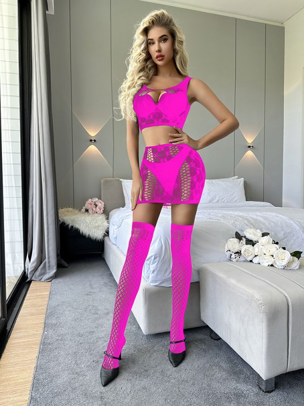 Sexy lingerie sexy mesh hip skirt open-end free one-piece tube top hollow-out perspective suit w632 - Image 10