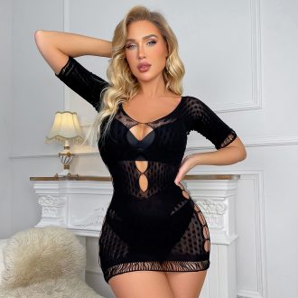 Sexy Underwear  European and American Women's Sexy Black Hollow Hip Skirt Mesh Long Sleeve Jacquard Perspective w598