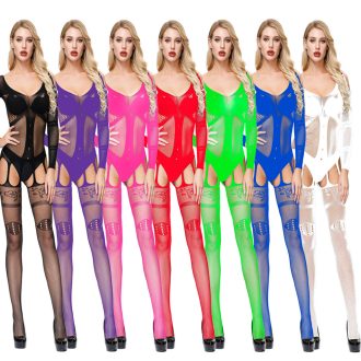 Sexy Sheer Mesh Pantyhose Bodysuit: Women's Jacquard Garter Belt Lingerie