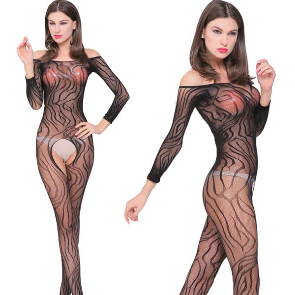 Striped Mesh Lingerie Set: Sexy Open Crotch Bodysuit & Stockings - Image 2