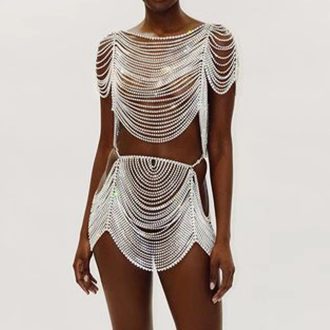 Sexy Rhinestone Bikini Set: 2023 European Fashion Bra Chain Skirt