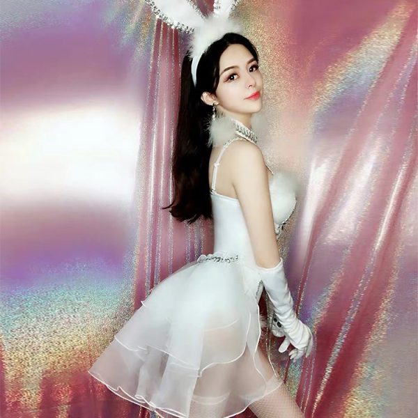 Sexy Bunny Costume: White Rabbit Nightclub Dancer Halloween Outfit - Image 3