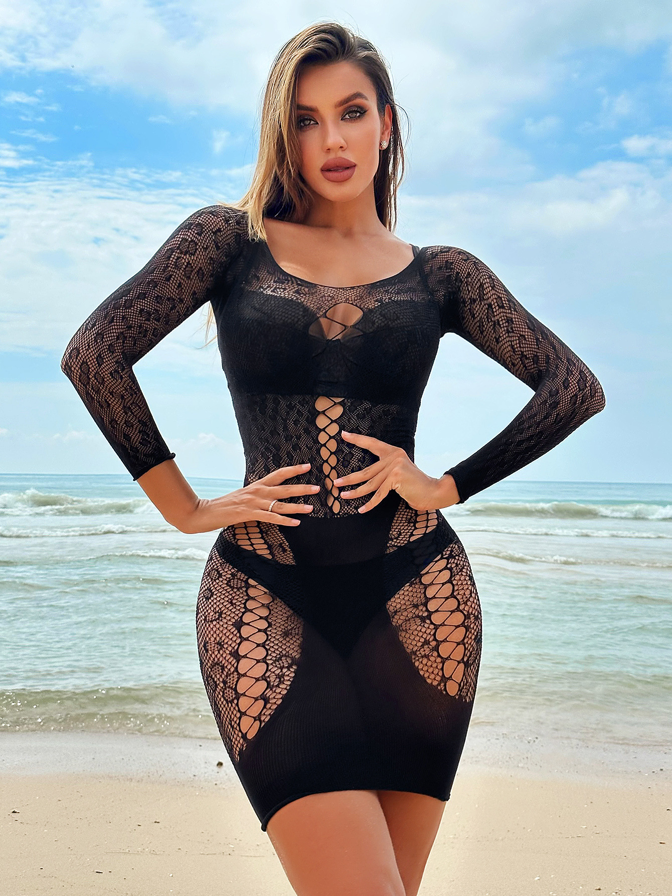 Seductive Mesh Lingerie Bodysuit: European Hollow Out Long Sleeve - Image 5
