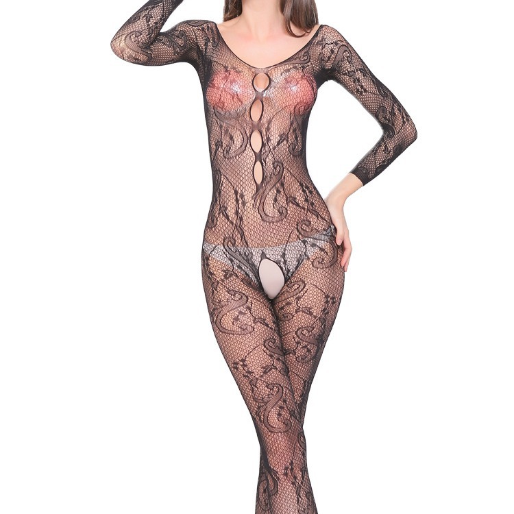 Dragon Mesh Bodysuit: Sexy Jacquard Long Sleeve Lingerie