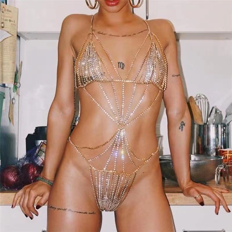 Diamond Rhinestone Body Chain Lingerie Set: Sexy Nightclub Bra Thong