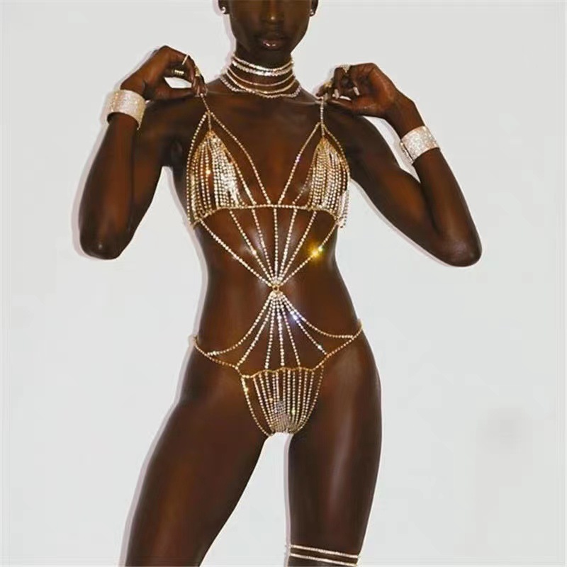 Diamond Rhinestone Body Chain Lingerie Set: Sexy Nightclub Bra Thong - Image 2
