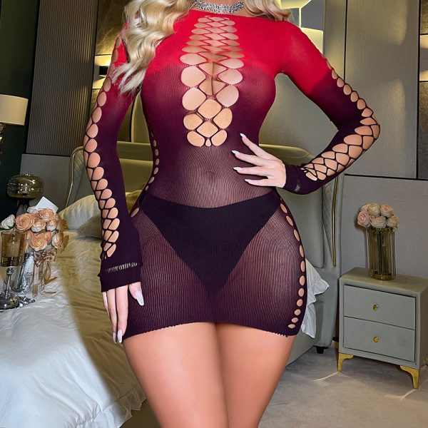 Gradient Red Sexy Fishnet Jumpsuit: Backless Long Sleeve Clubwear - Image 5
