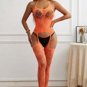 Orange Lace-Up Open Crotch Lingerie Bodysuit