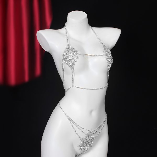 Diamond Rhinestone Bikini Body Chain: Sexy Flower Bra Thong Set - Image 2