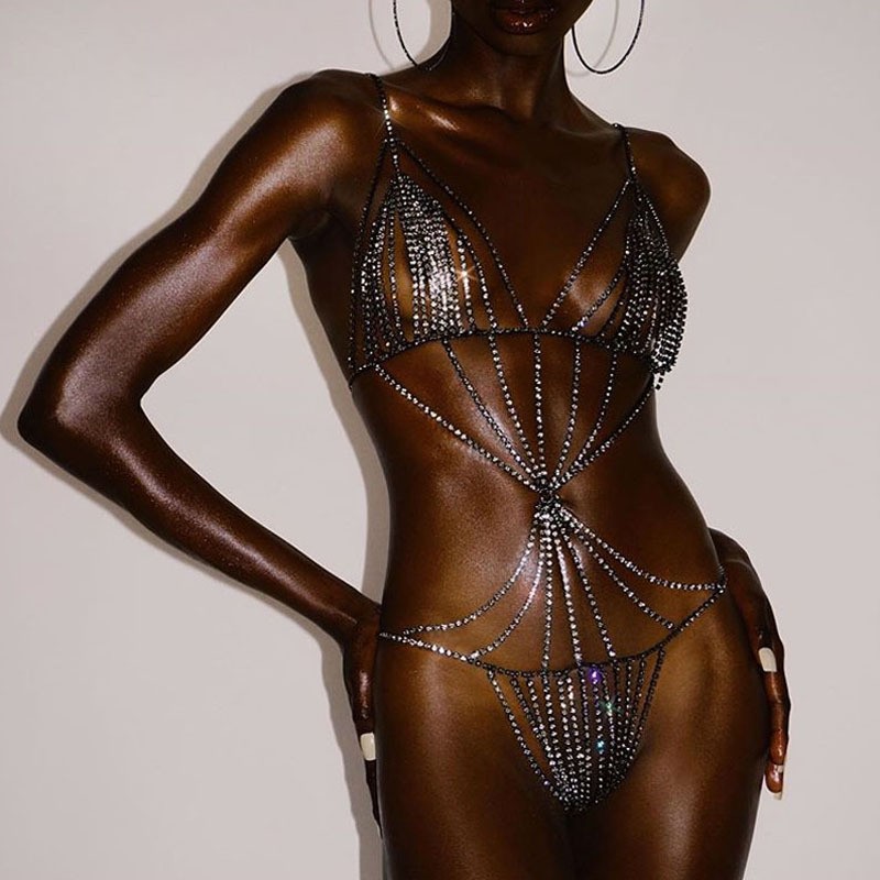 Diamond Rhinestone Body Chain Lingerie Set: Sexy Nightclub Bra Thong - Image 3
