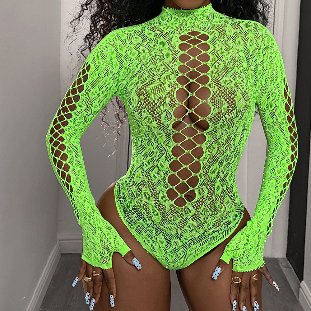 Rhinestone sexy lingerie royal blue sexy jacquard plus diamond tight bikini long sleeve mesh bodysuit tz684 - Image 11