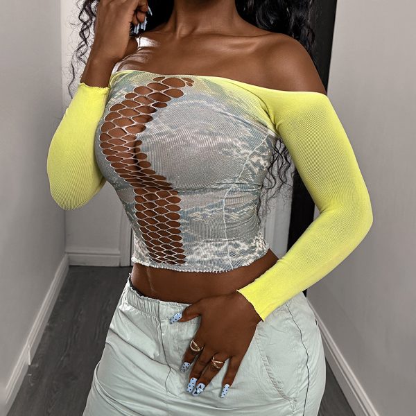 Yellow Gray Fishnet Lingerie: Long Sleeve Sexy Bodysuit - Image 3