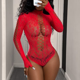 Red Jacquard Mesh Bodysuit: Sexy Long Sleeve Lingerie Bikini