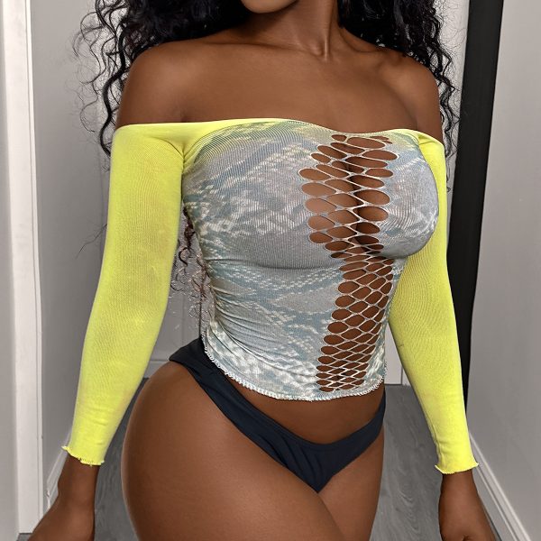 Yellow Gray Fishnet Lingerie: Long Sleeve Sexy Bodysuit - Image 2