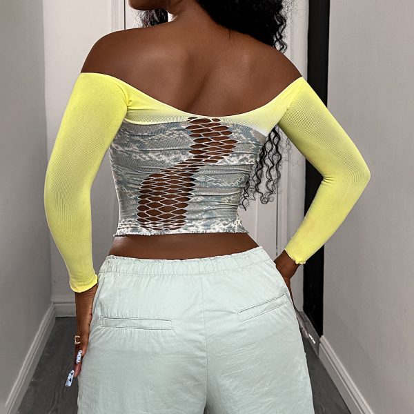 Yellow Gray Fishnet Lingerie: Long Sleeve Sexy Bodysuit - Image 4