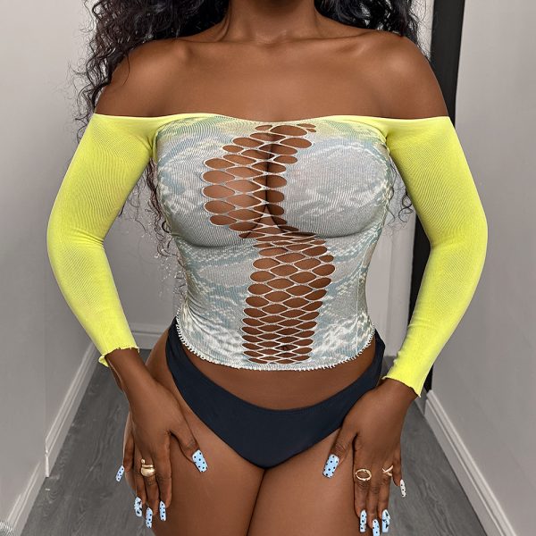 Yellow Gray Fishnet Lingerie: Long Sleeve Sexy Bodysuit