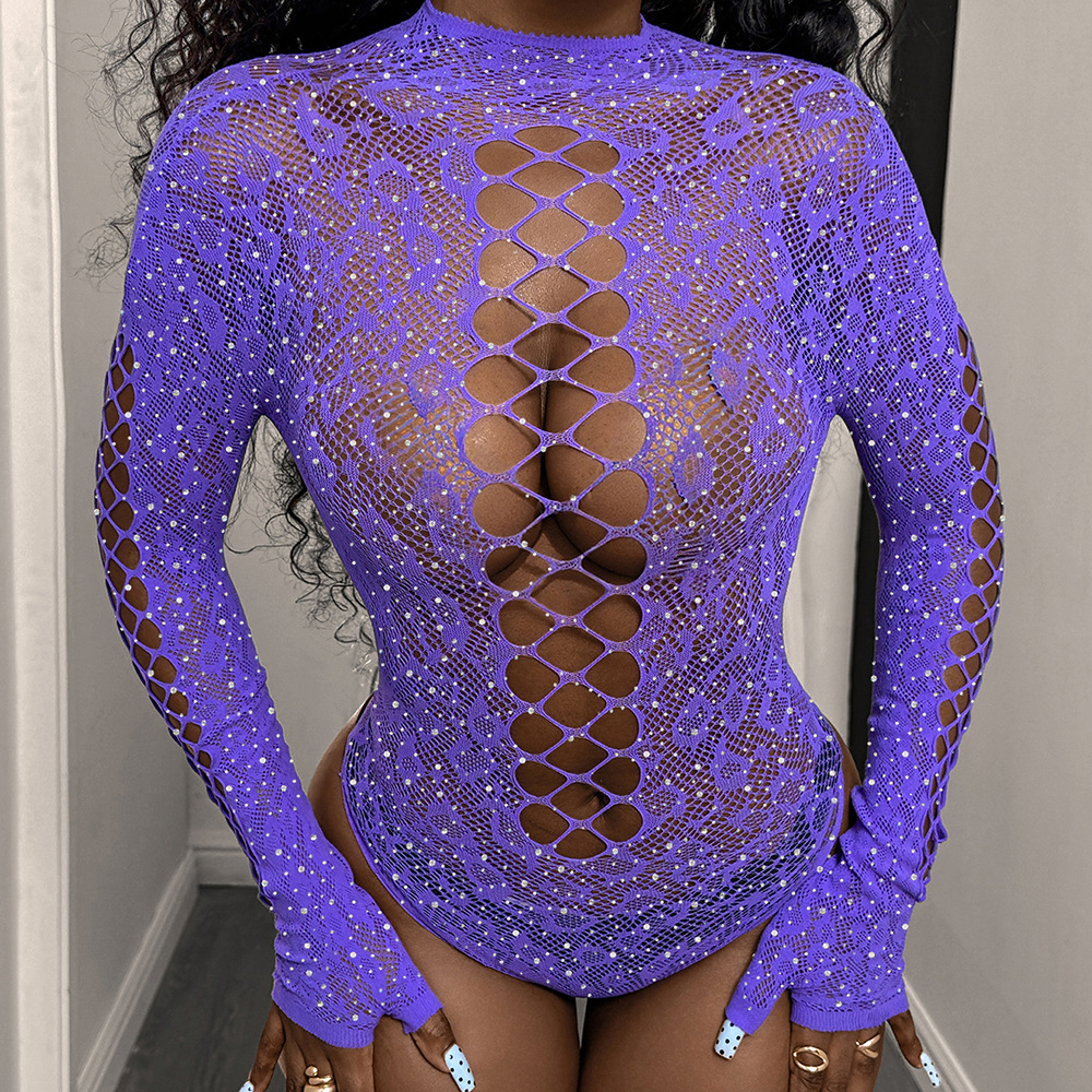 Rhinestone sexy lingerie royal blue sexy jacquard plus diamond tight bikini long sleeve mesh bodysuit tz684 - Image 8