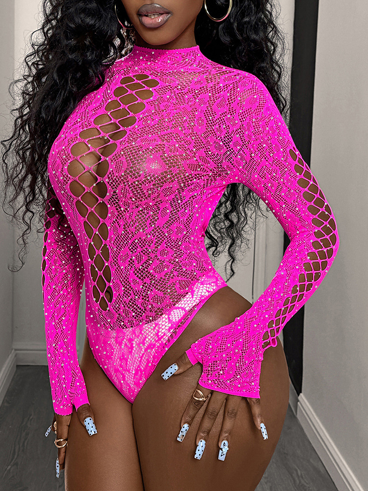 Rhinestone sexy lingerie royal blue sexy jacquard plus diamond tight bikini long sleeve mesh bodysuit tz684 - Image 10