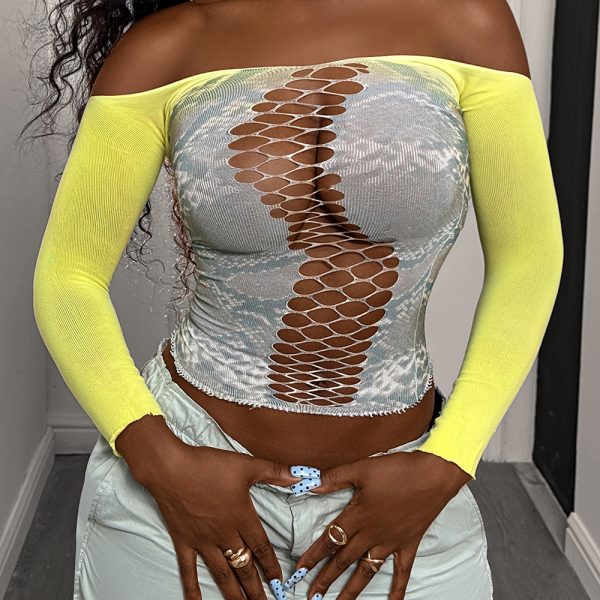 Yellow Gray Fishnet Lingerie: Long Sleeve Sexy Bodysuit - Image 5