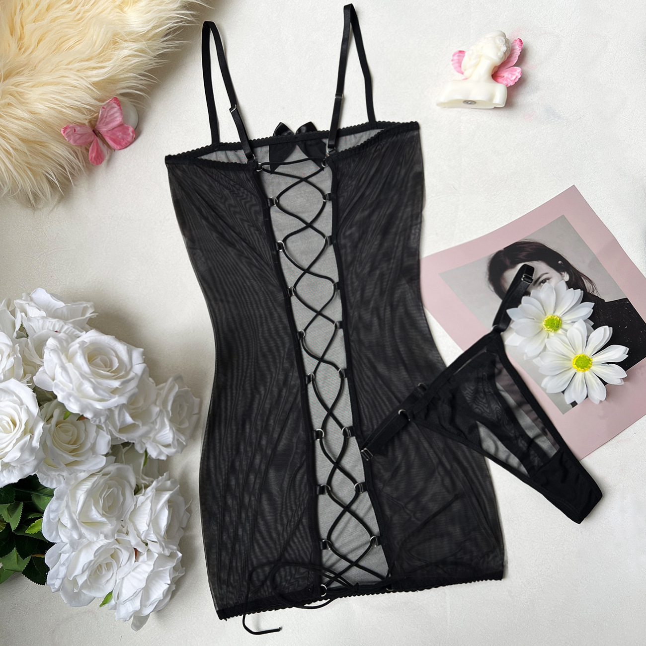 Dier Strap Mesh Back Tight-Fitting See-Through Dress Suspender Sexy Lingerie - Image 6