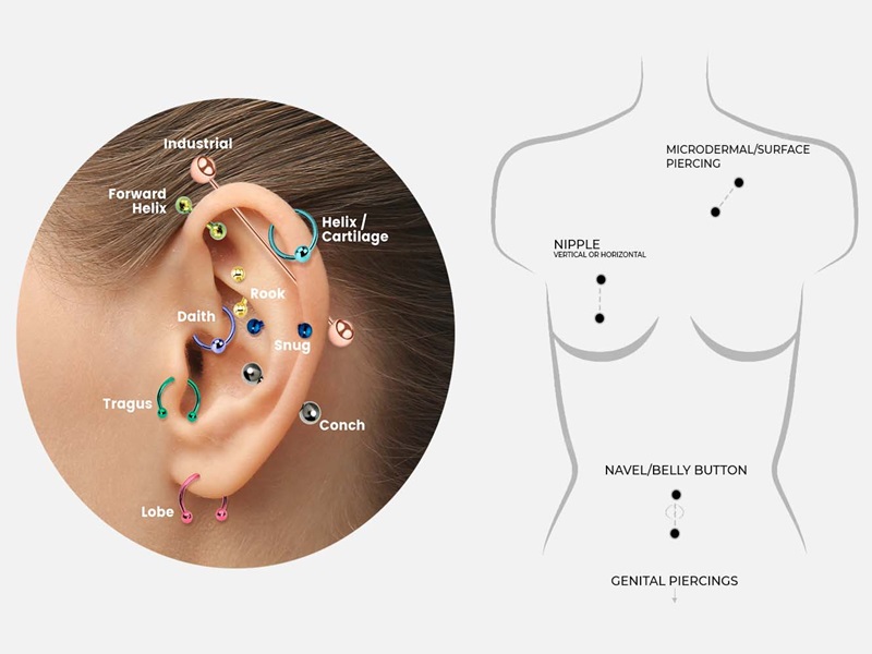 Diagram of body piercing jewelry locations