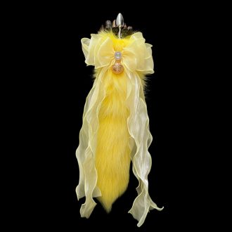 40cm Yellow Fox Fur Tail Anal Plug with Detachable Bow and Bell