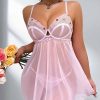 Women's Pink See-Through Lace-Up Backless Mesh Teddy Lingerie