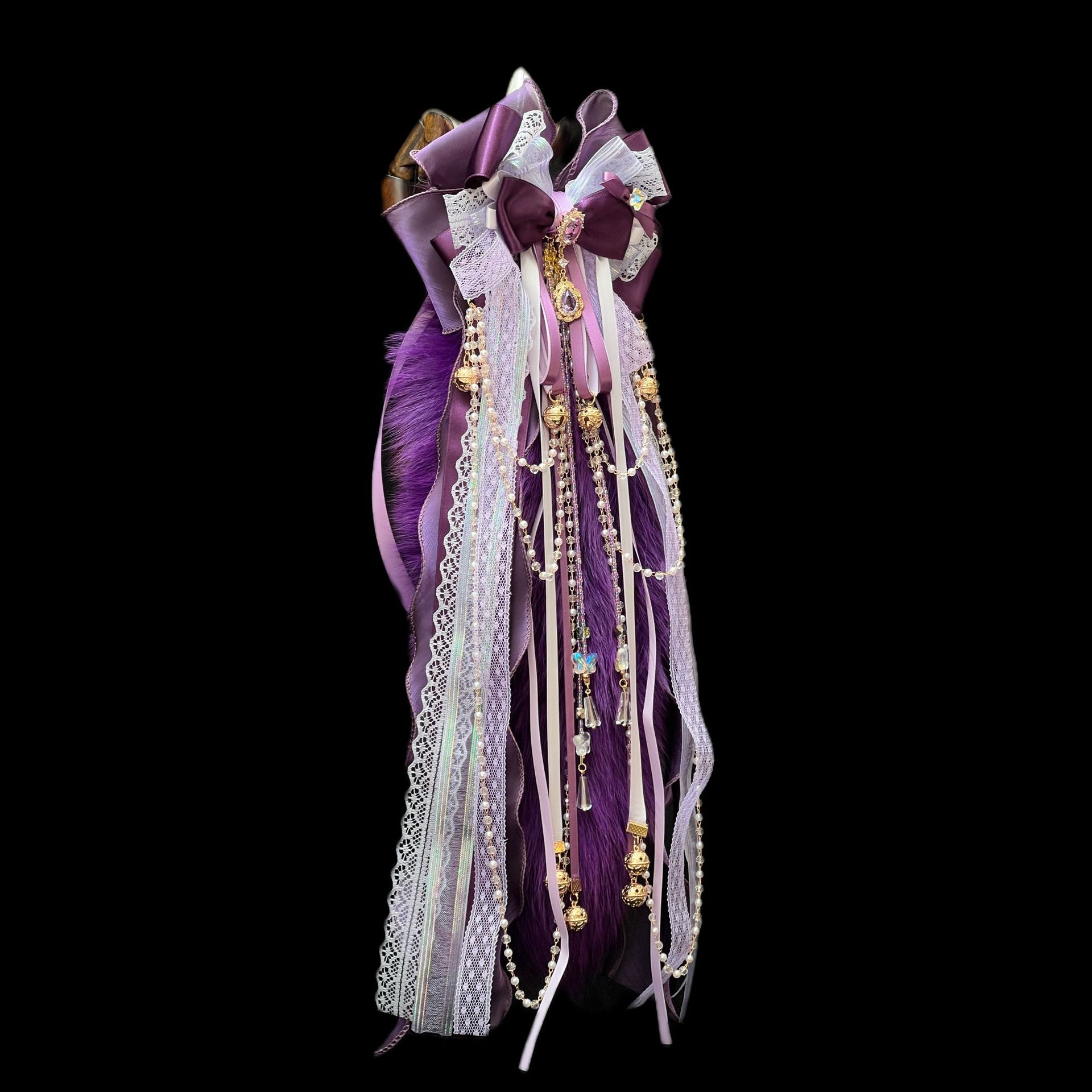 Deep Purple Fox Fur Tail Anal Plug with Bowknot Bell - Luxury Craftsmanship - Image 3