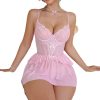 Sexy Pink See-Through Lace Bow One-Piece Lingerie Suspender Skirt Set